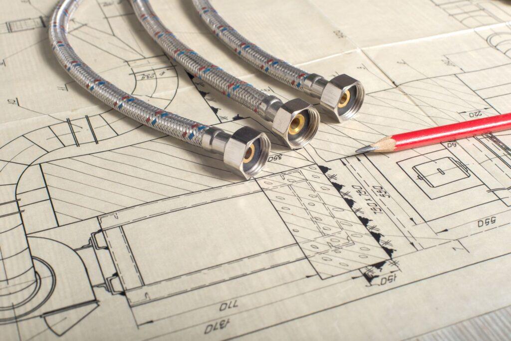 Technische Zeichnung eines Rohrleitungssystems mit flexiblen Anschlussschläuchen und Bleistift – symbolisiert die Planung der Rohrnetzberechnung.