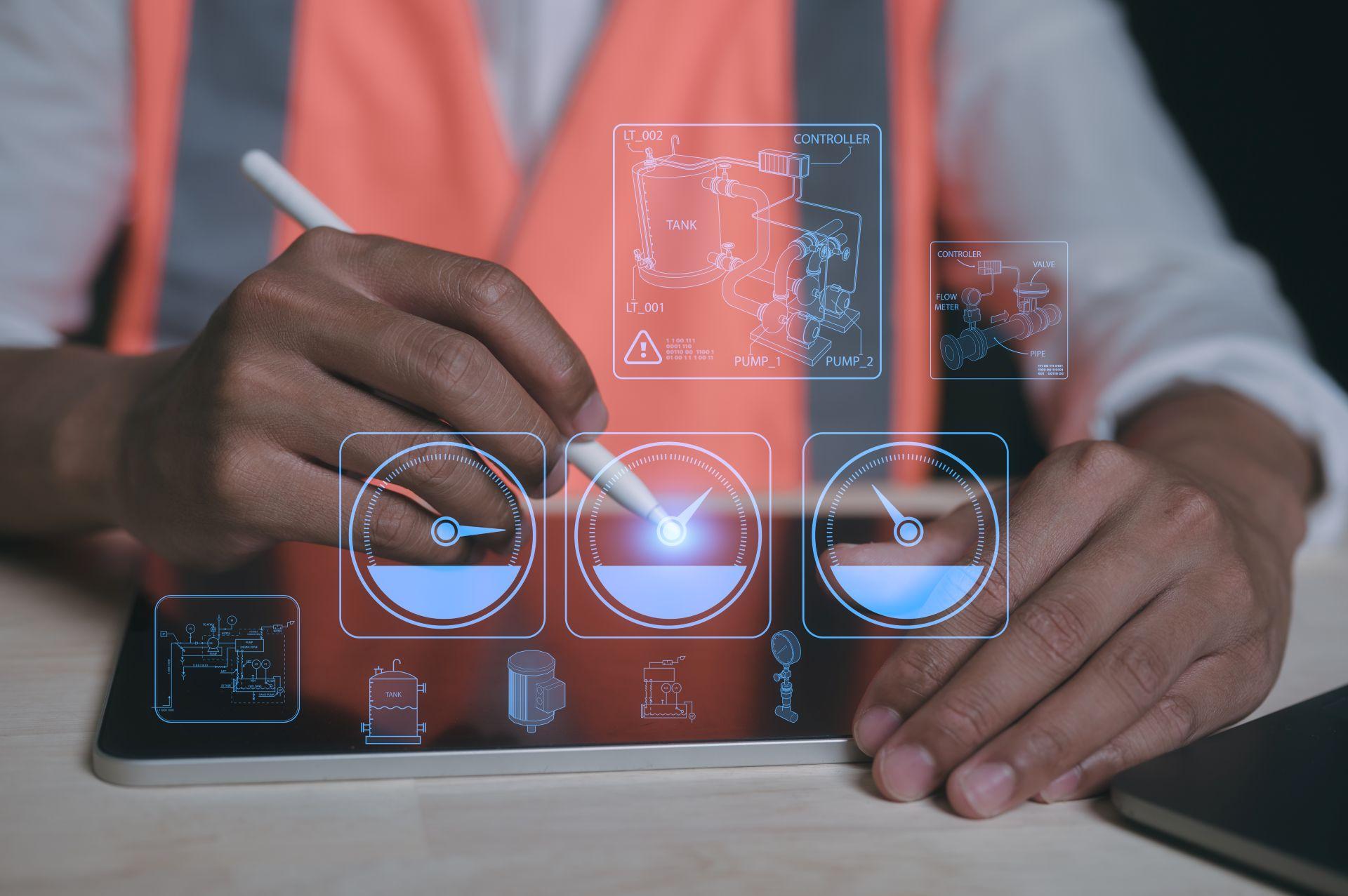 Digitale Darstellung eines Rohrnetzes auf einem Tablet mit technischer Benutzeroberfläche – zeigt den Einsatz moderner Software zur Rohrnetzberechnung.